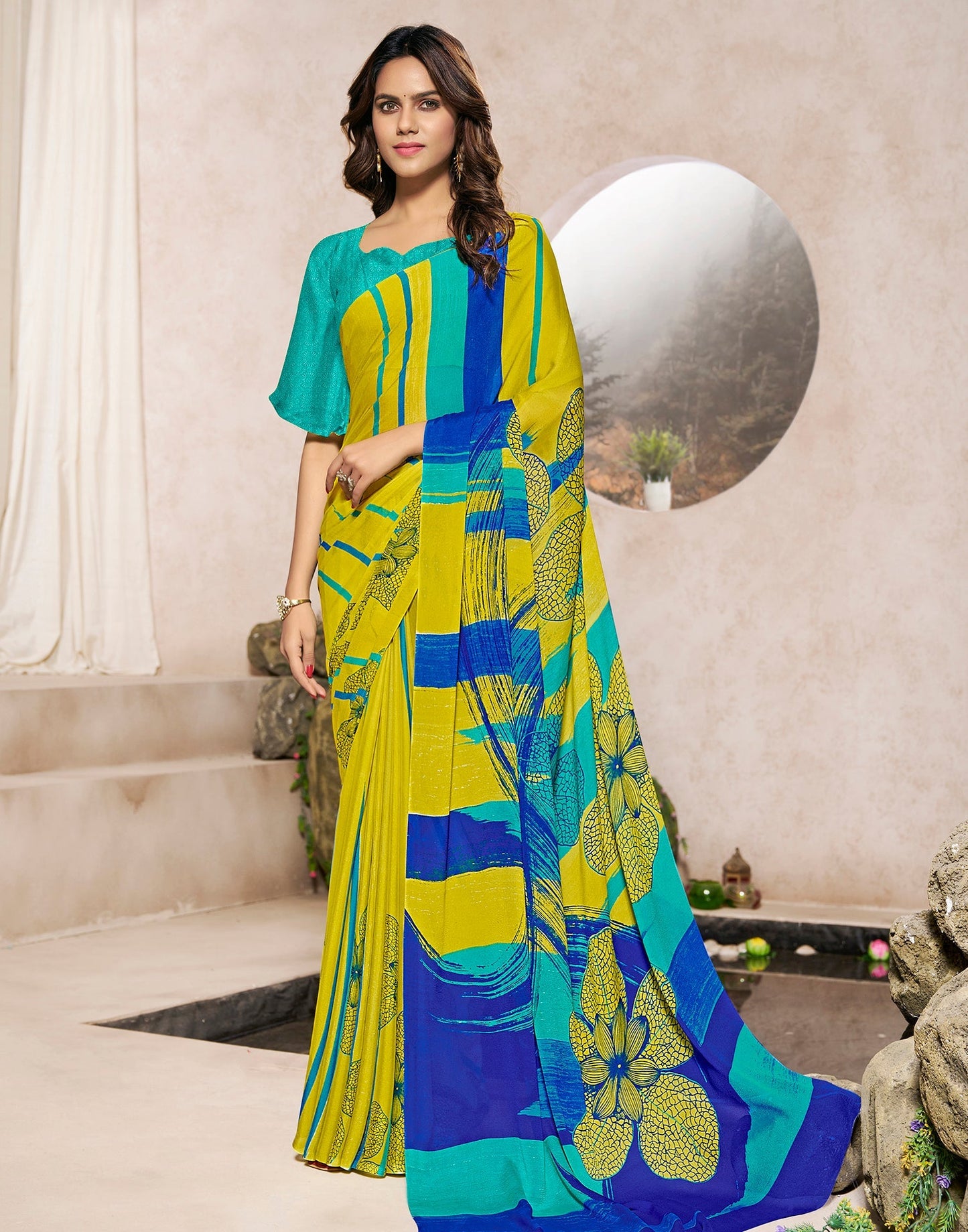 Lime Green Georgette Printed Saree | Sudathi