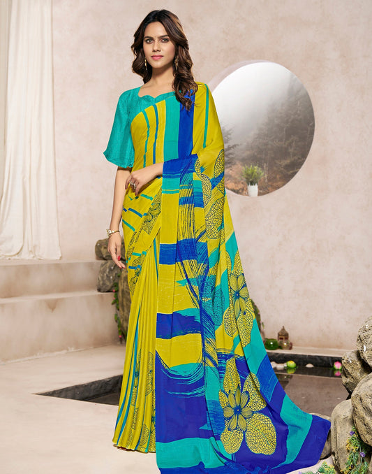 Lime Green Georgette Printed Saree | Sudathi