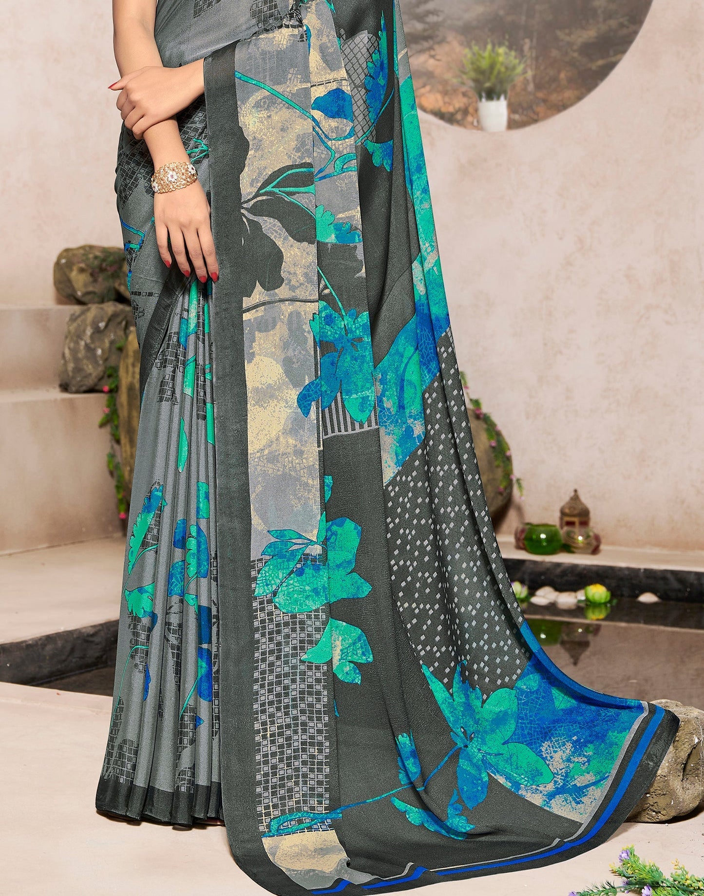 Grey Georgette Printed Saree | Sudathi