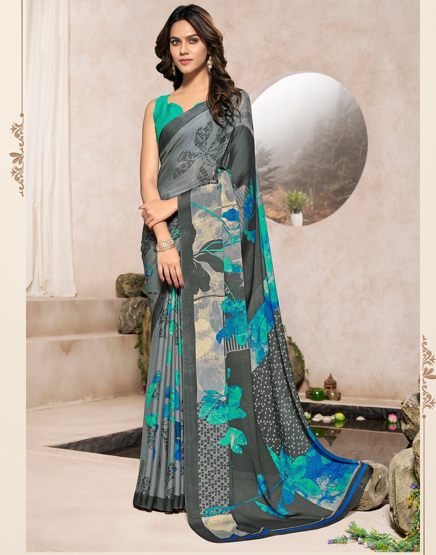 Grey Georgette Printed Saree | Sudathi