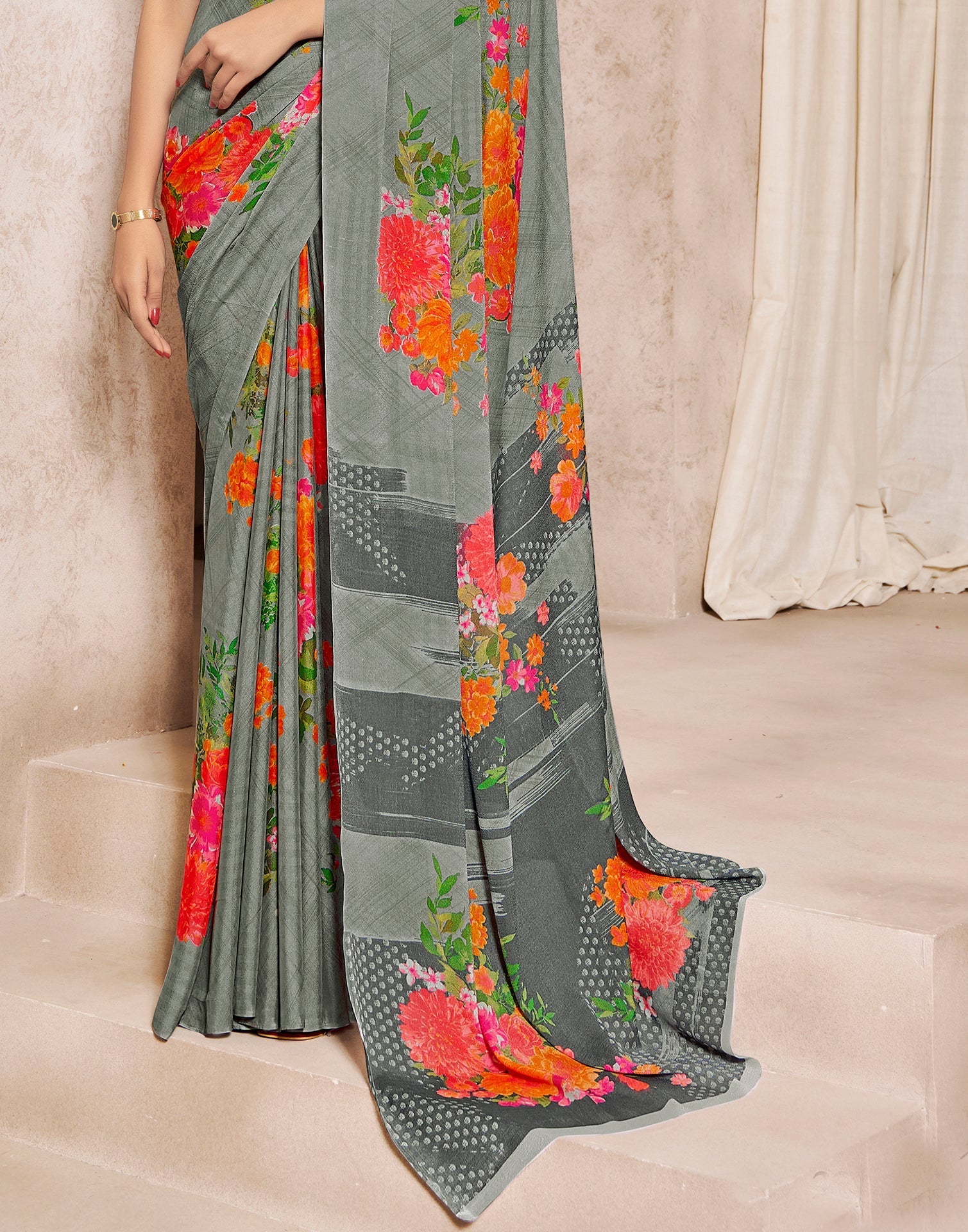 Grey Georgette Printed Saree | Sudathi