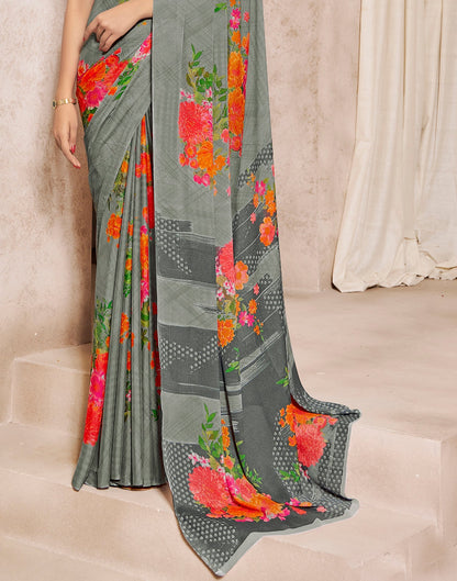 Grey Georgette Printed Saree | Sudathi