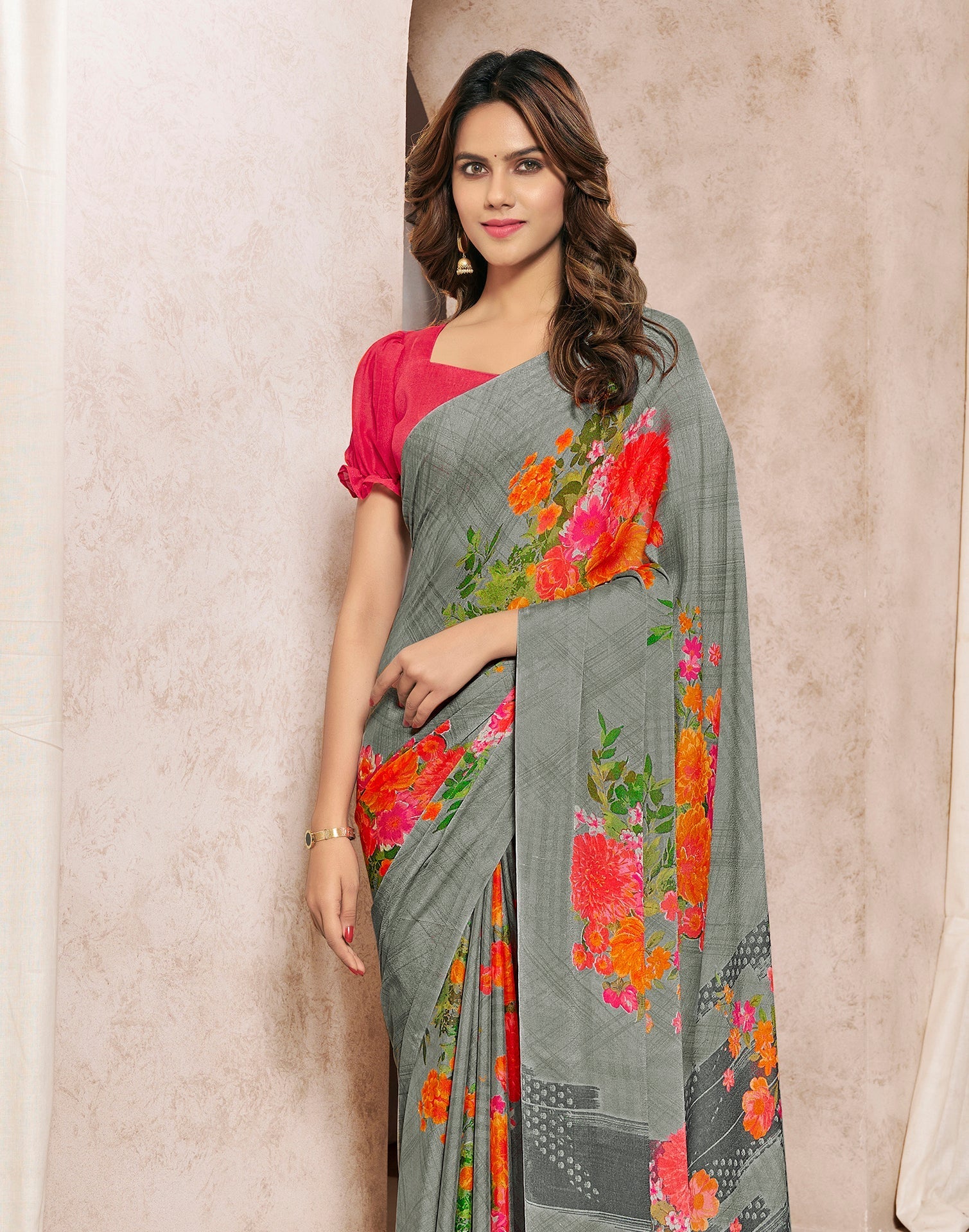 Grey Georgette Printed Saree | Sudathi