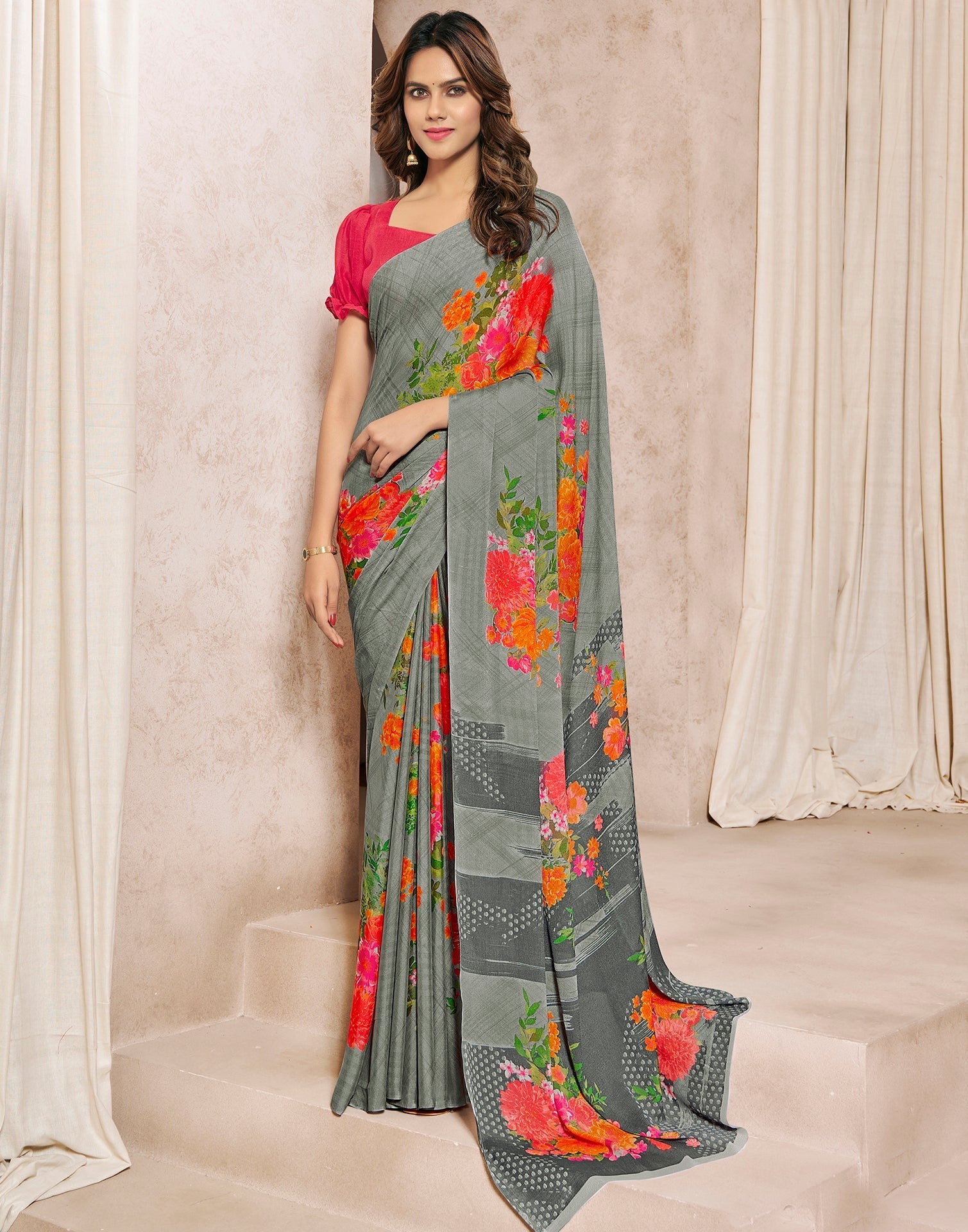 Grey Georgette Printed Saree | Sudathi