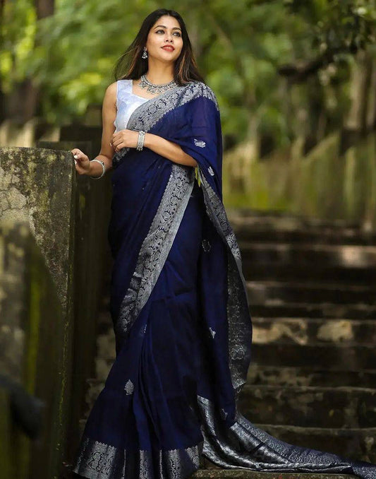 Navy Blue Banarasi Silk Saree | Leemboodi