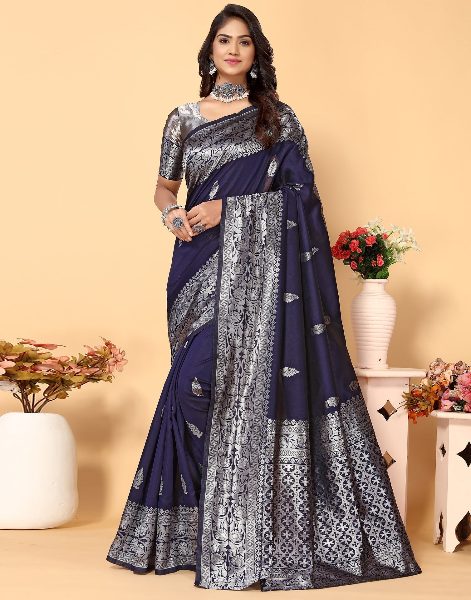 Navy Blue Banarasi Silk Saree | Leemboodi