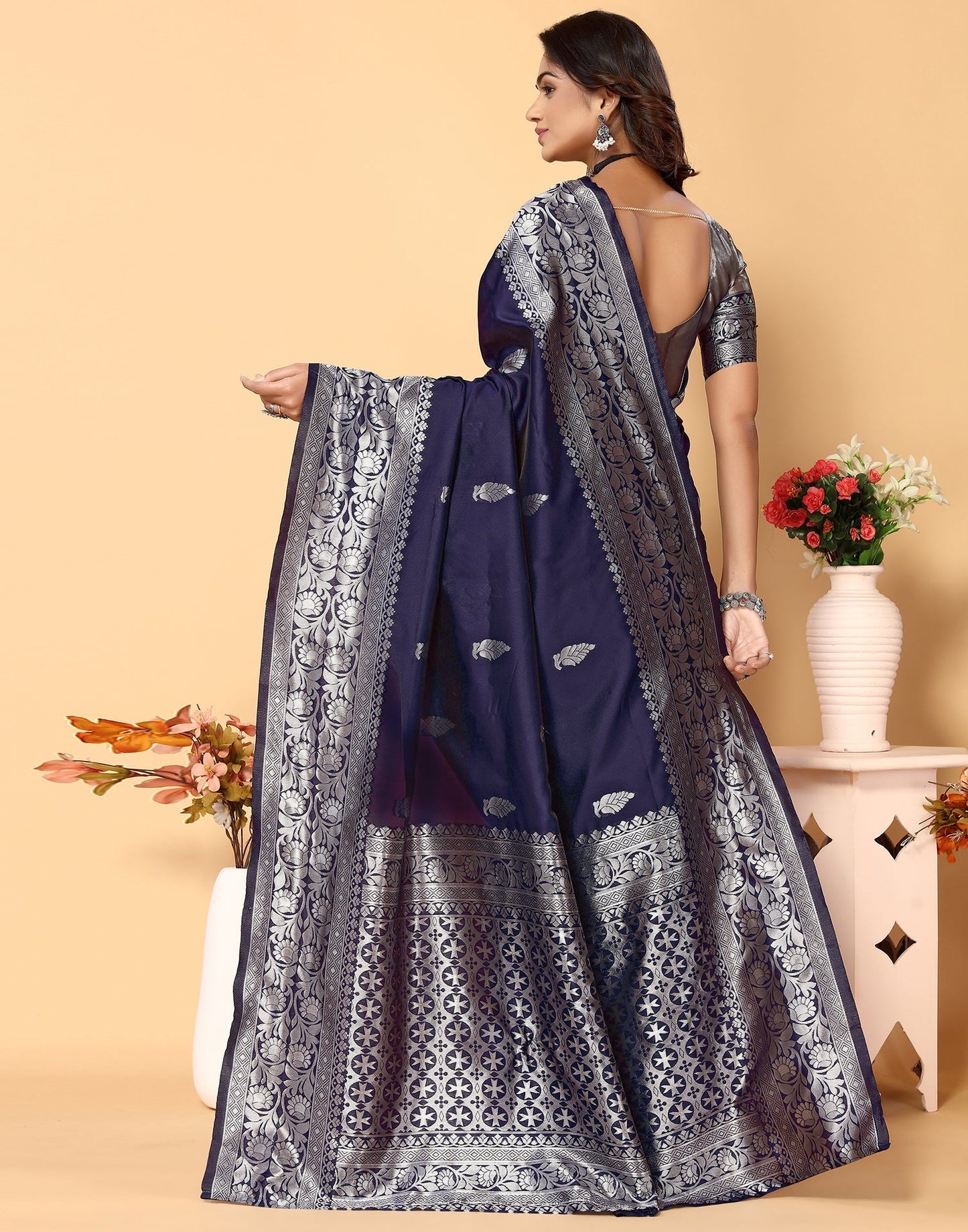 Navy Blue Banarasi Silk Saree | Leemboodi