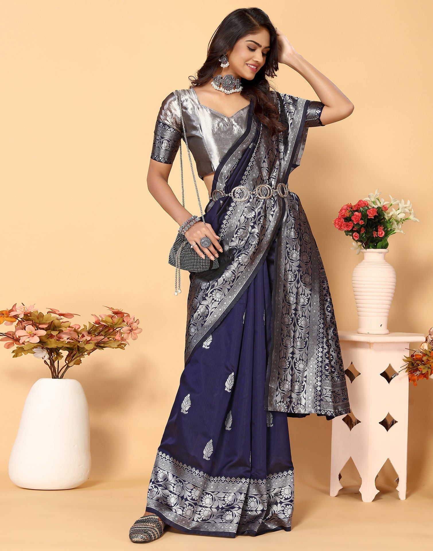 Navy Blue Banarasi Silk Saree | Leemboodi