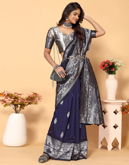 Navy Blue Banarasi Silk Saree | Leemboodi