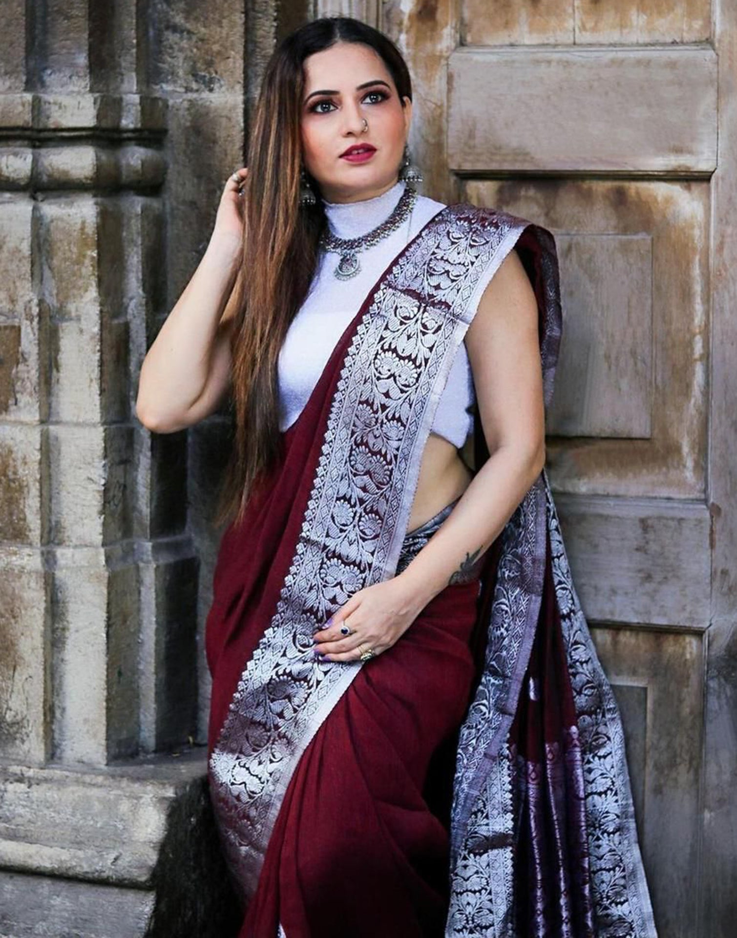 Maroon Banarasi Silk Saree | Sudathi