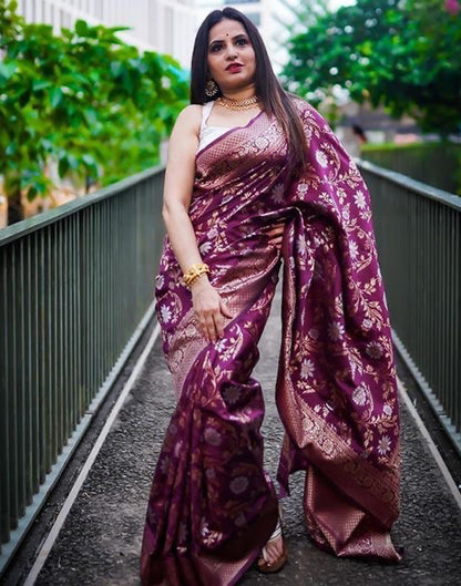 Wine Banarasi Silk Saree | Leemboodi