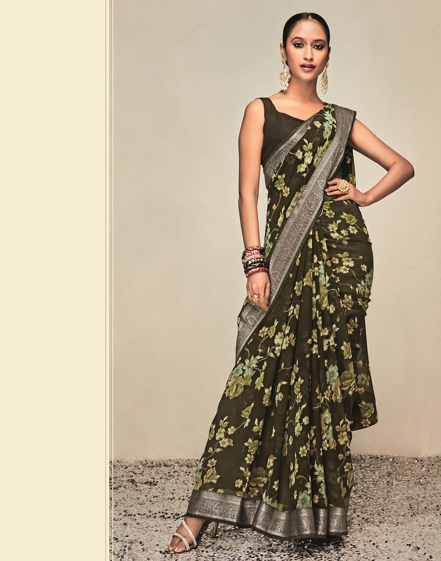 Dark Green & Cream Georgette Printed Saree | Leemboodi