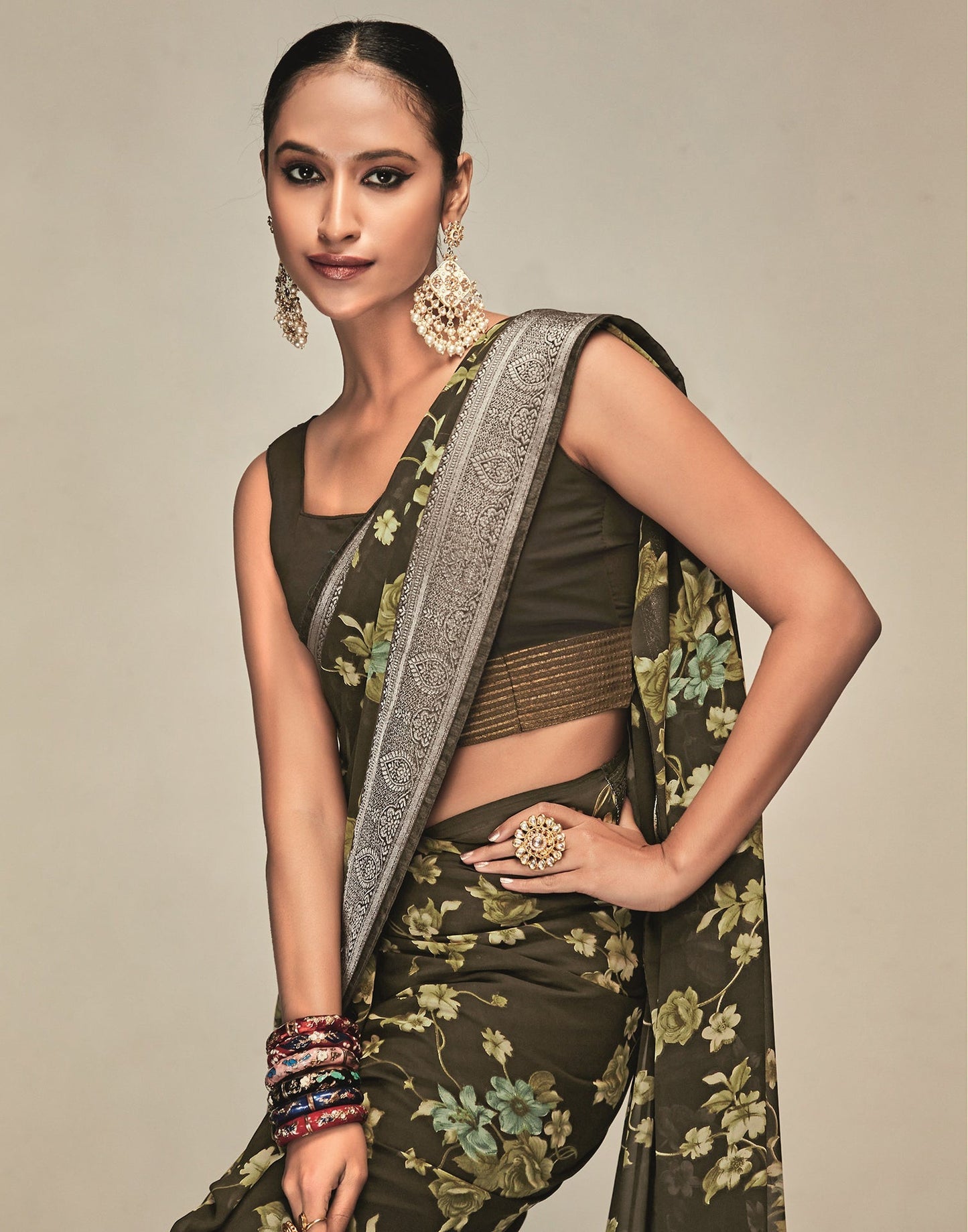 Dark Green & Cream Georgette Printed Saree | Leemboodi