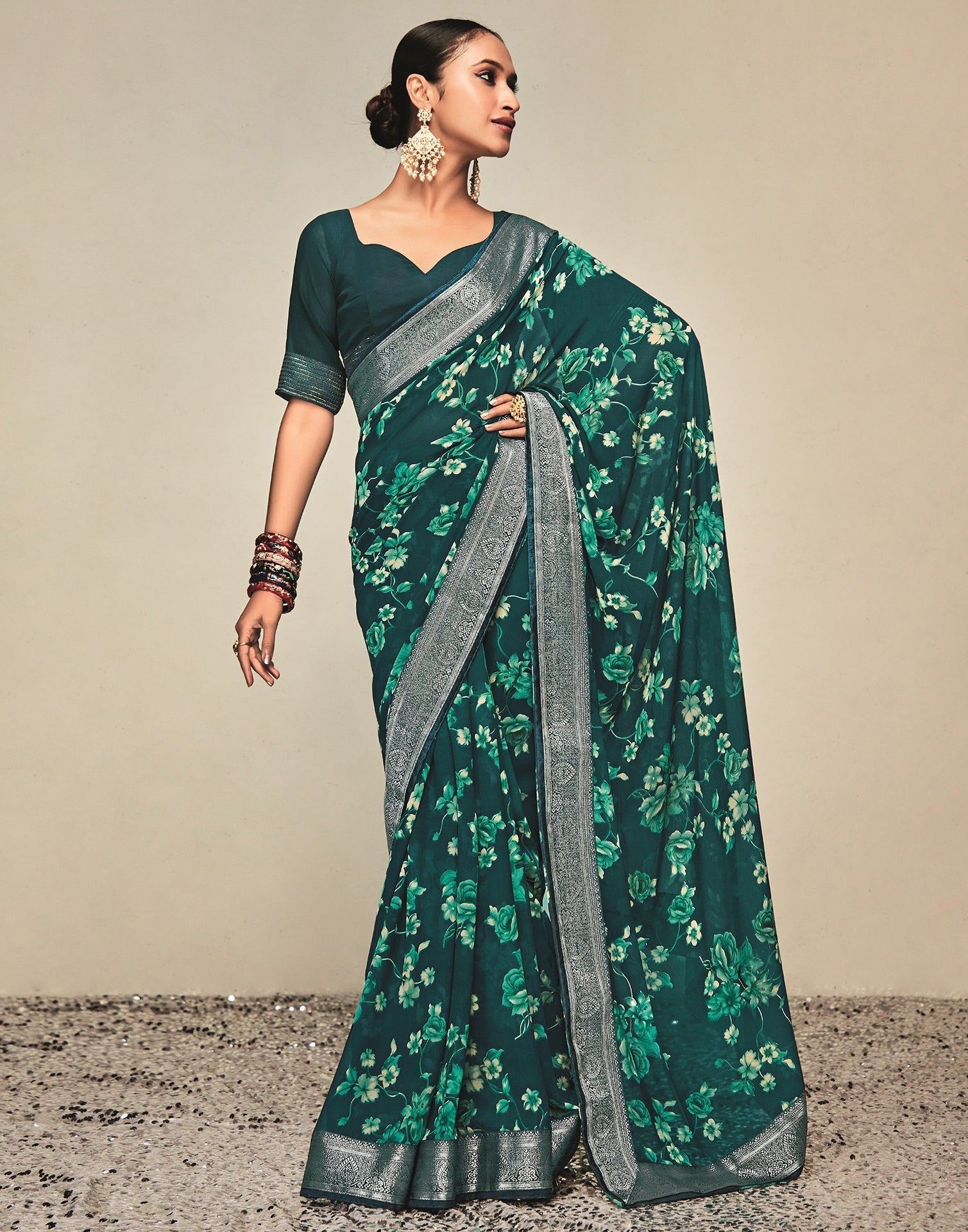 Green & Cream Georgette Printed Saree | Leemboodi