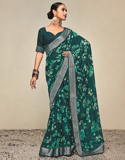Green & Cream Georgette Printed Saree | Leemboodi
