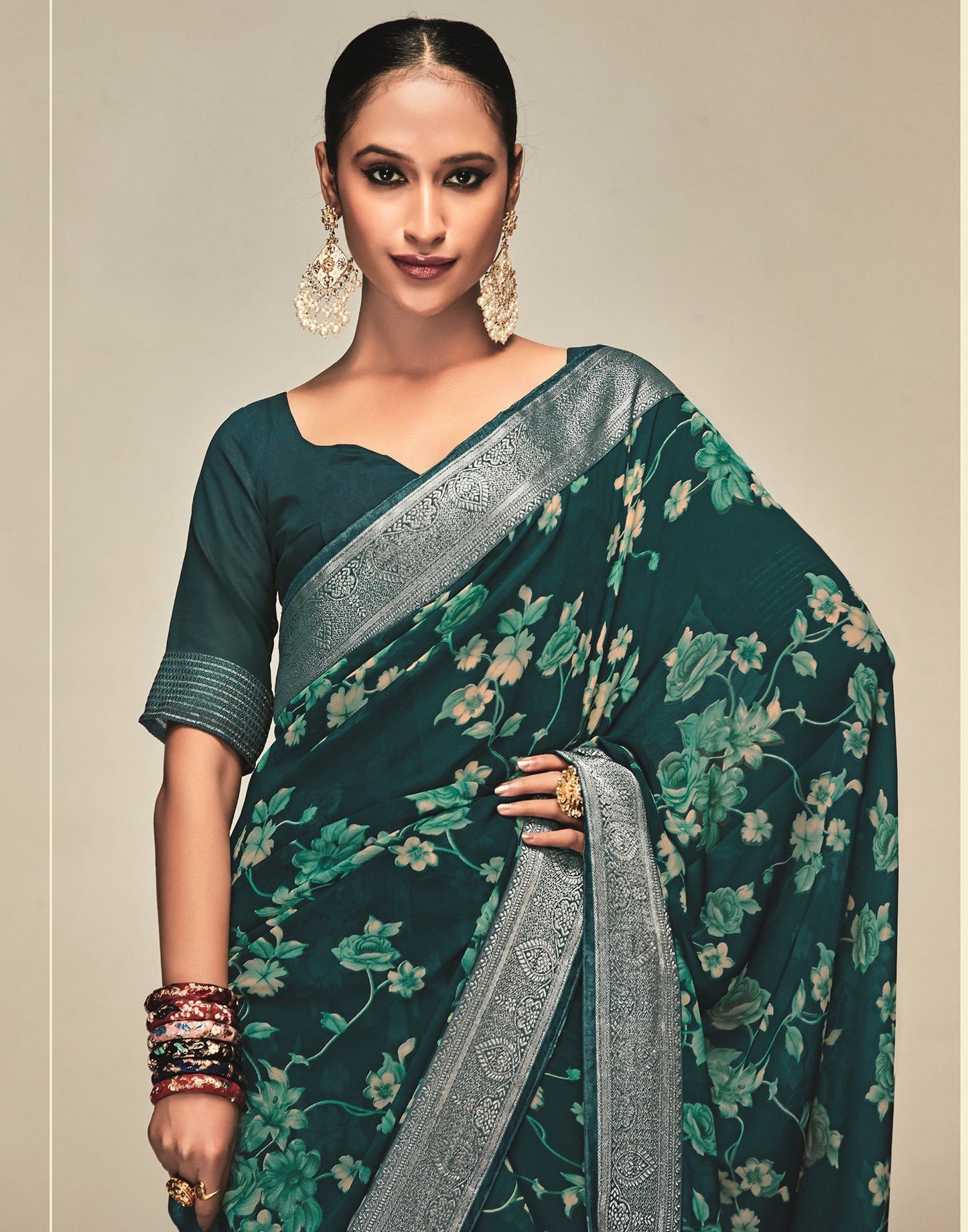 Green & Cream Georgette Printed Saree | Leemboodi