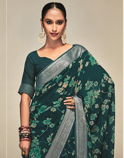 Green & Cream Georgette Printed Saree | Leemboodi