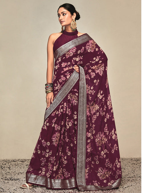 Wine Georgette Printed Saree | Leemboodi