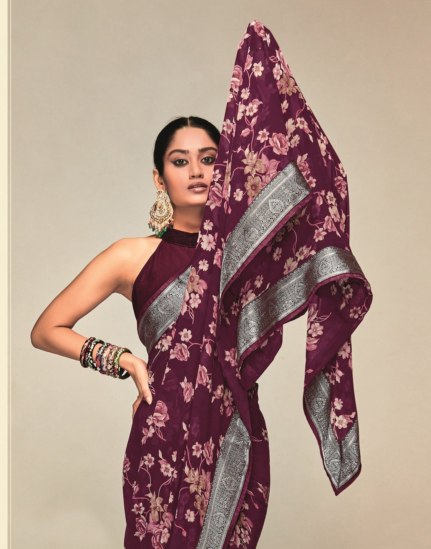 Wine Georgette Printed Saree | Leemboodi