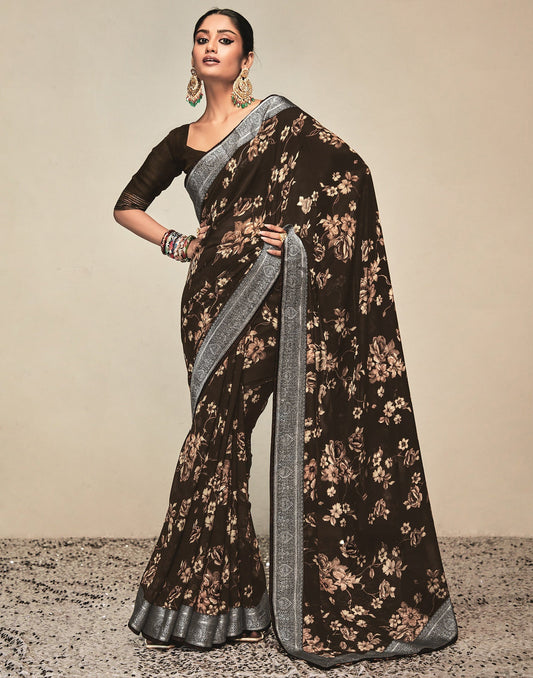 Brown & Cream Georgette Printed Saree | Leemboodi