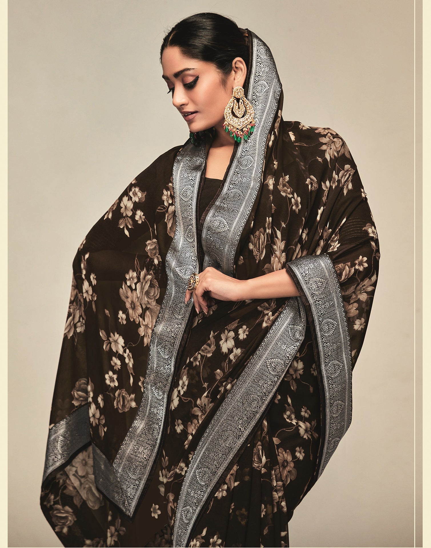 Brown & Cream Georgette Printed Saree | Leemboodi