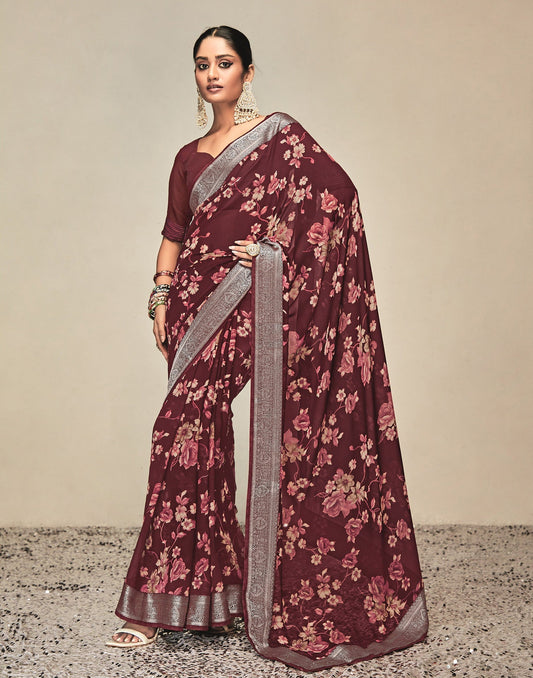 Maroon Georgette Printed Saree | Leemboodi