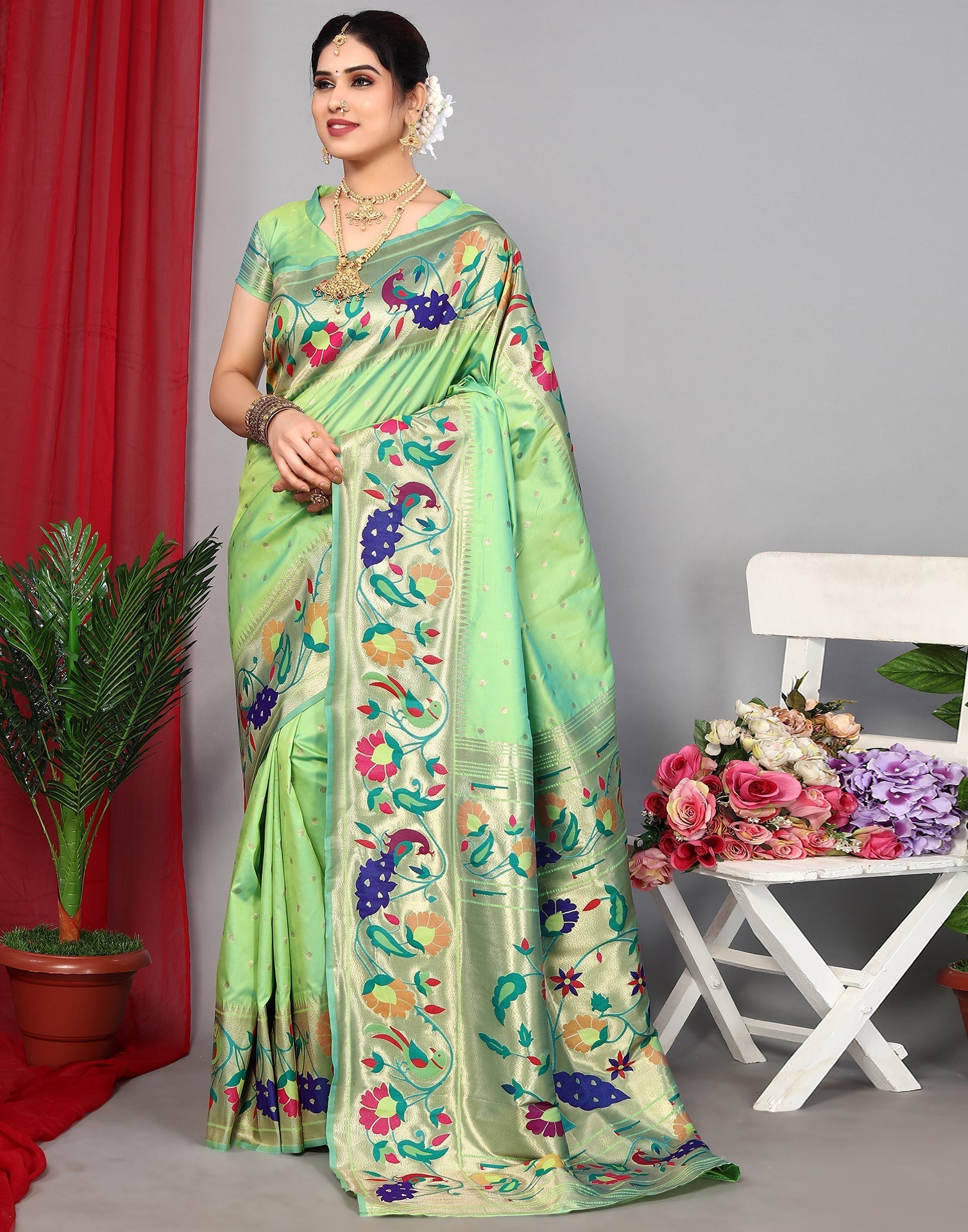 Light Green Paithani Silk Saree | Leemboodi