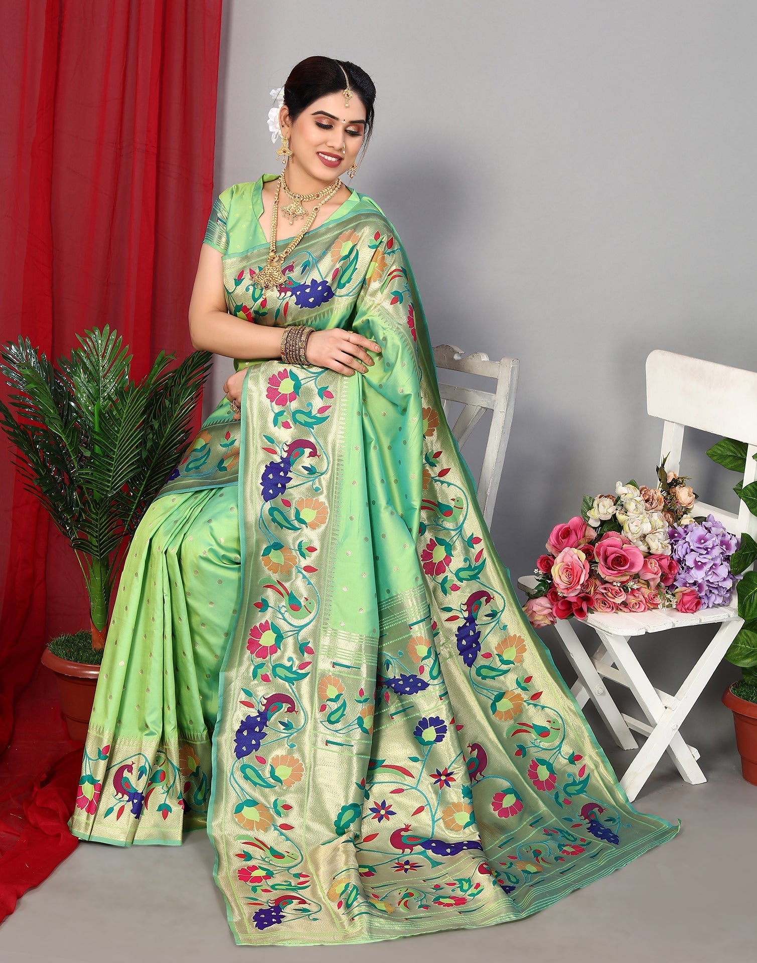 Light Green Paithani Silk Saree | Leemboodi