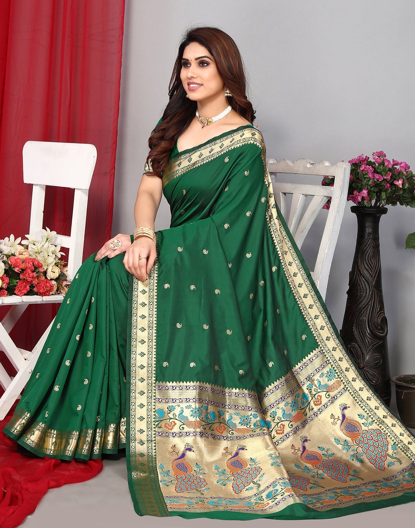 Green Paithani Silk Saree With Zari Weaving Work | Leemboodi