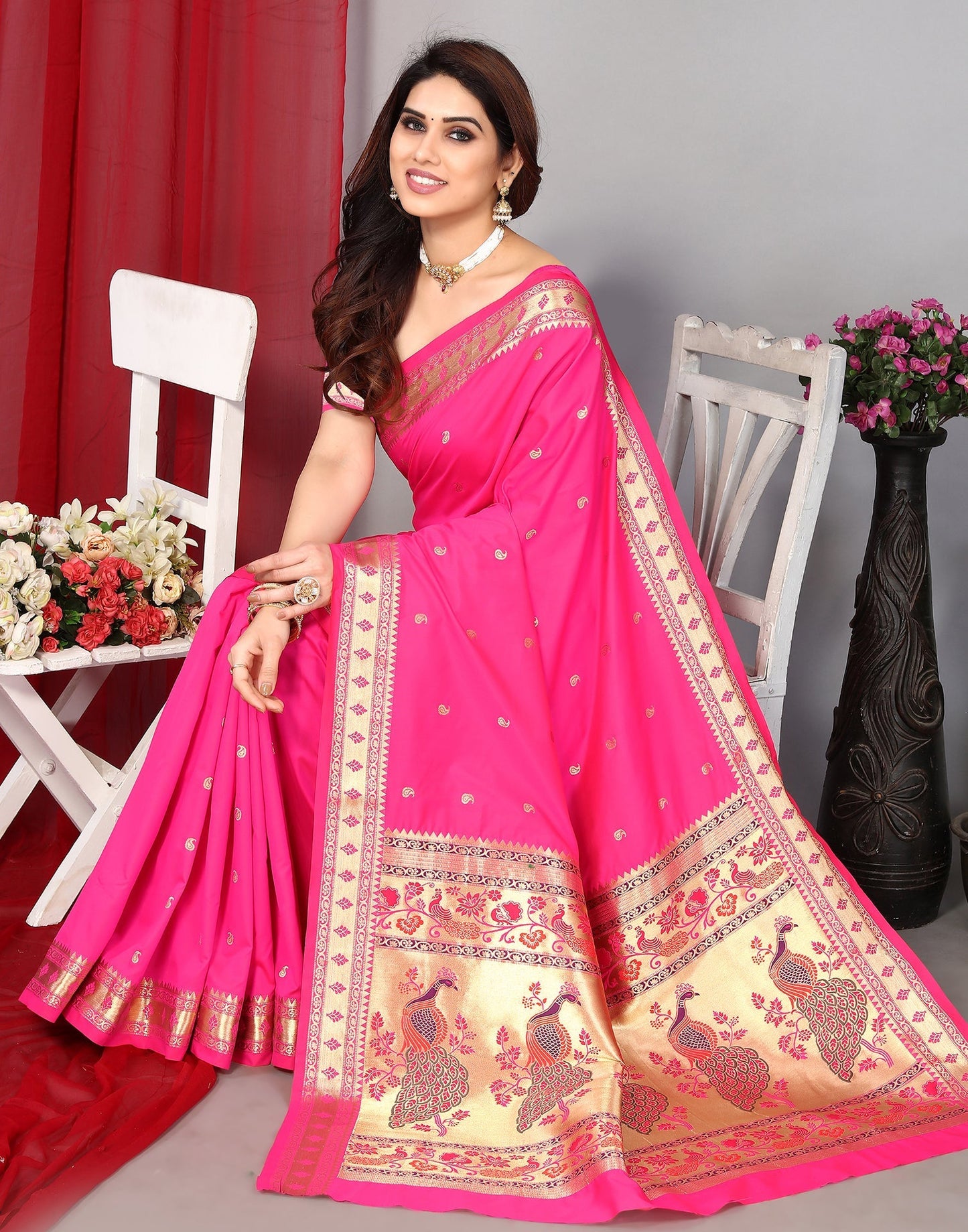 Pink Paithani Silk Saree With Zari Weaving Work | Leemboodi