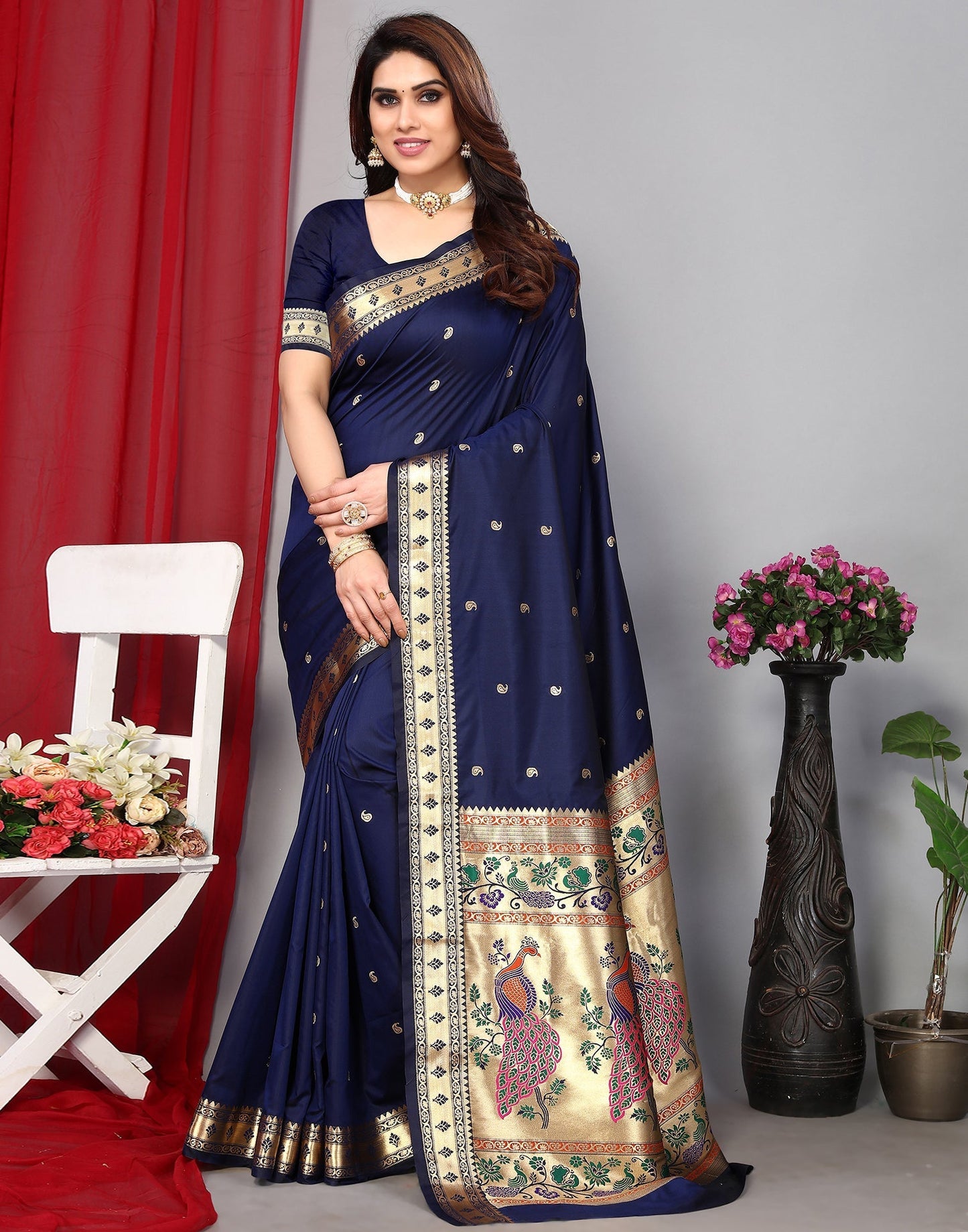 Navy Blue Paithani Silk Saree With Zari Weaving Work | Leemboodi