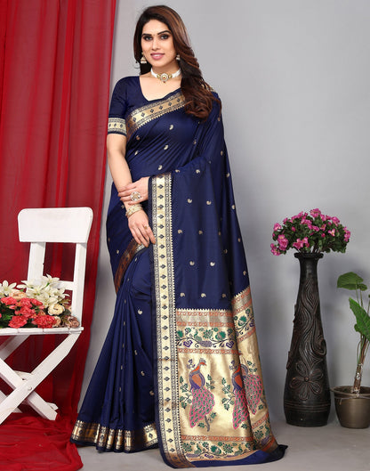 Navy Blue Paithani Silk Saree With Zari Weaving Work | Leemboodi