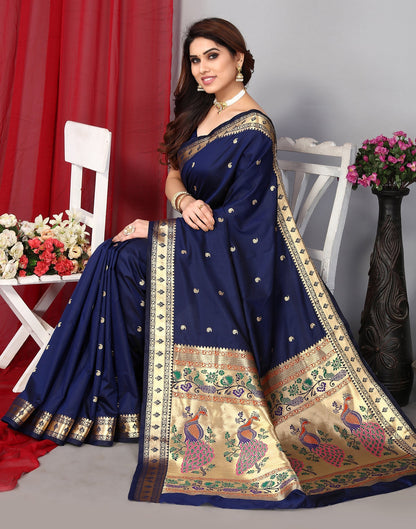 Navy Blue Paithani Silk Saree With Zari Weaving Work | Leemboodi
