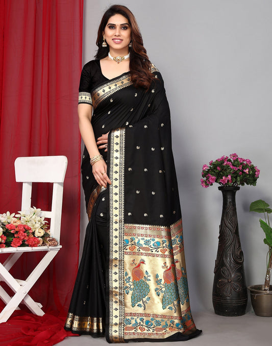 Black Paithani Silk Saree With Zari Weaving Work | Leemboodi