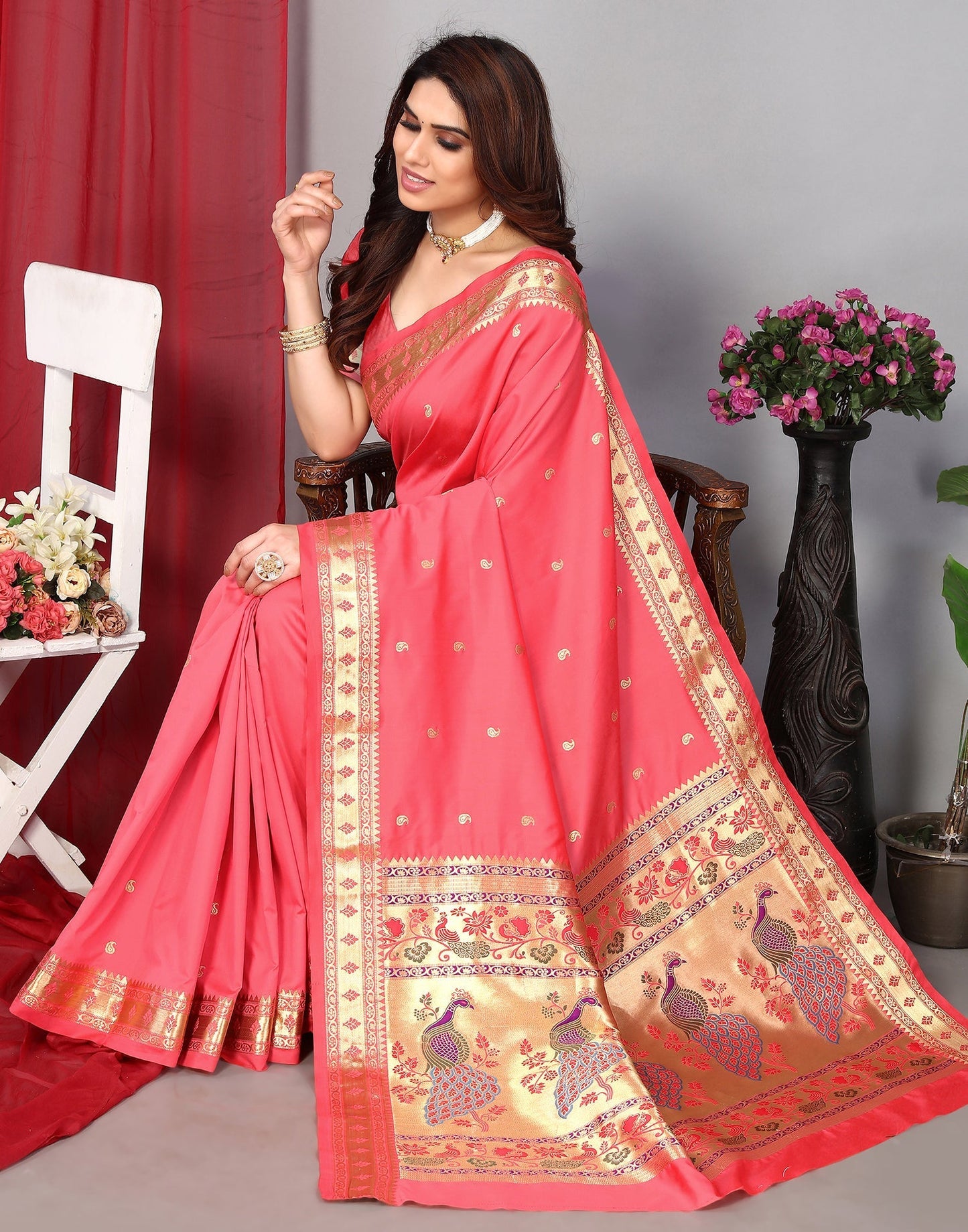 Rose Paithani Silk Saree With Zari Weaving Work | Leemboodi