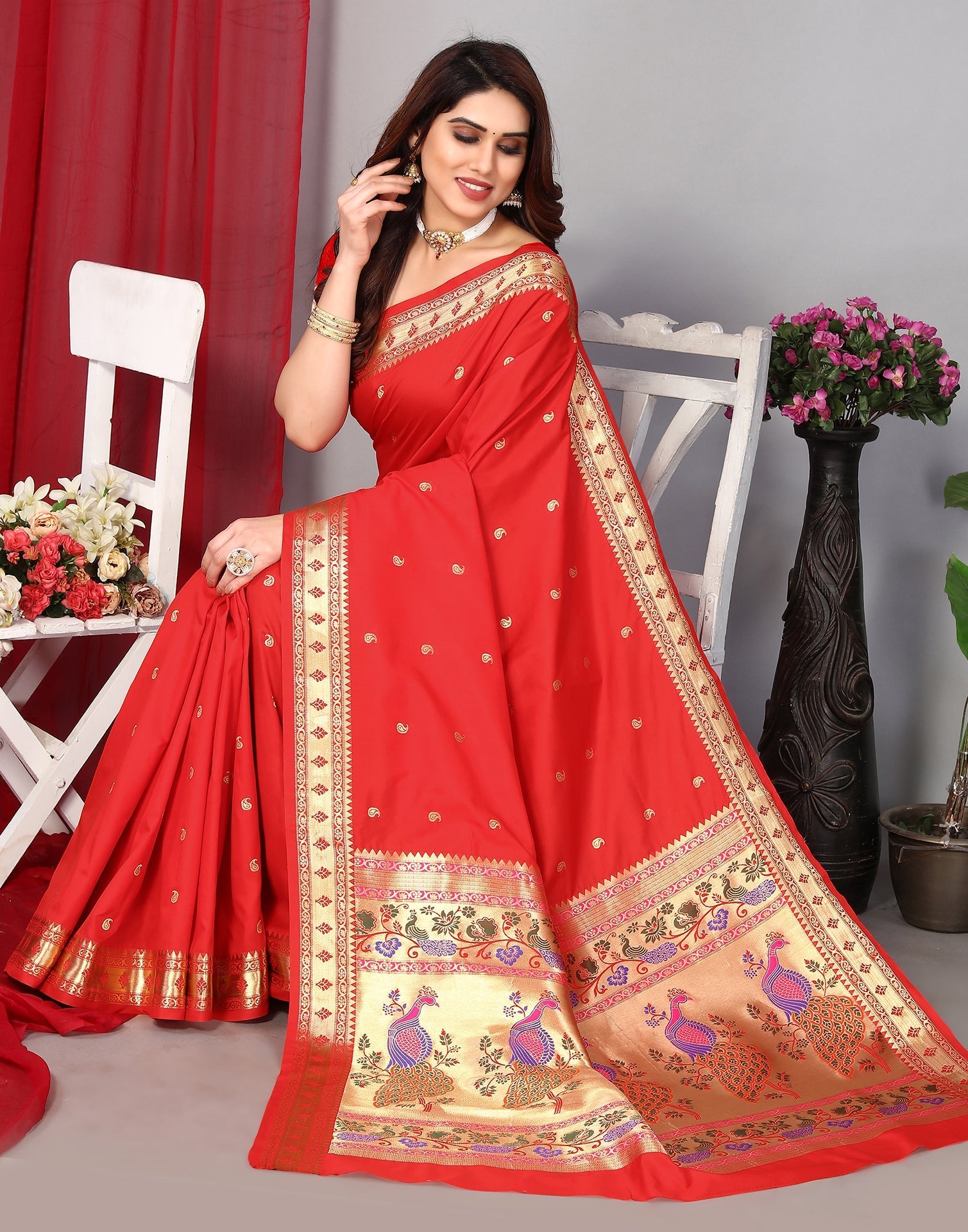 Red Paithani Silk Saree With Zari Weaving Work | Leemboodi
