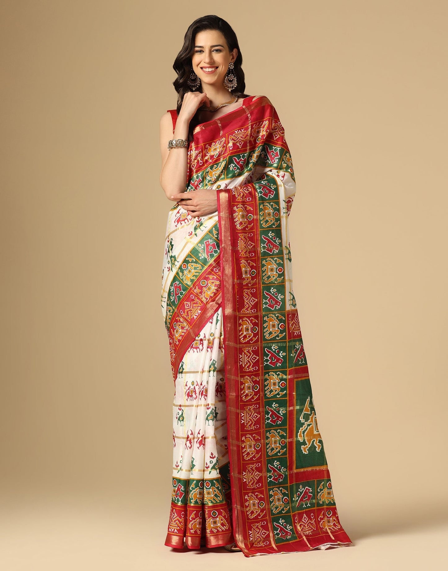 White & Multicoloured Patola Saree | Sudathi