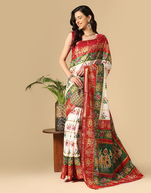 White & Multicoloured Patola Saree | Sudathi