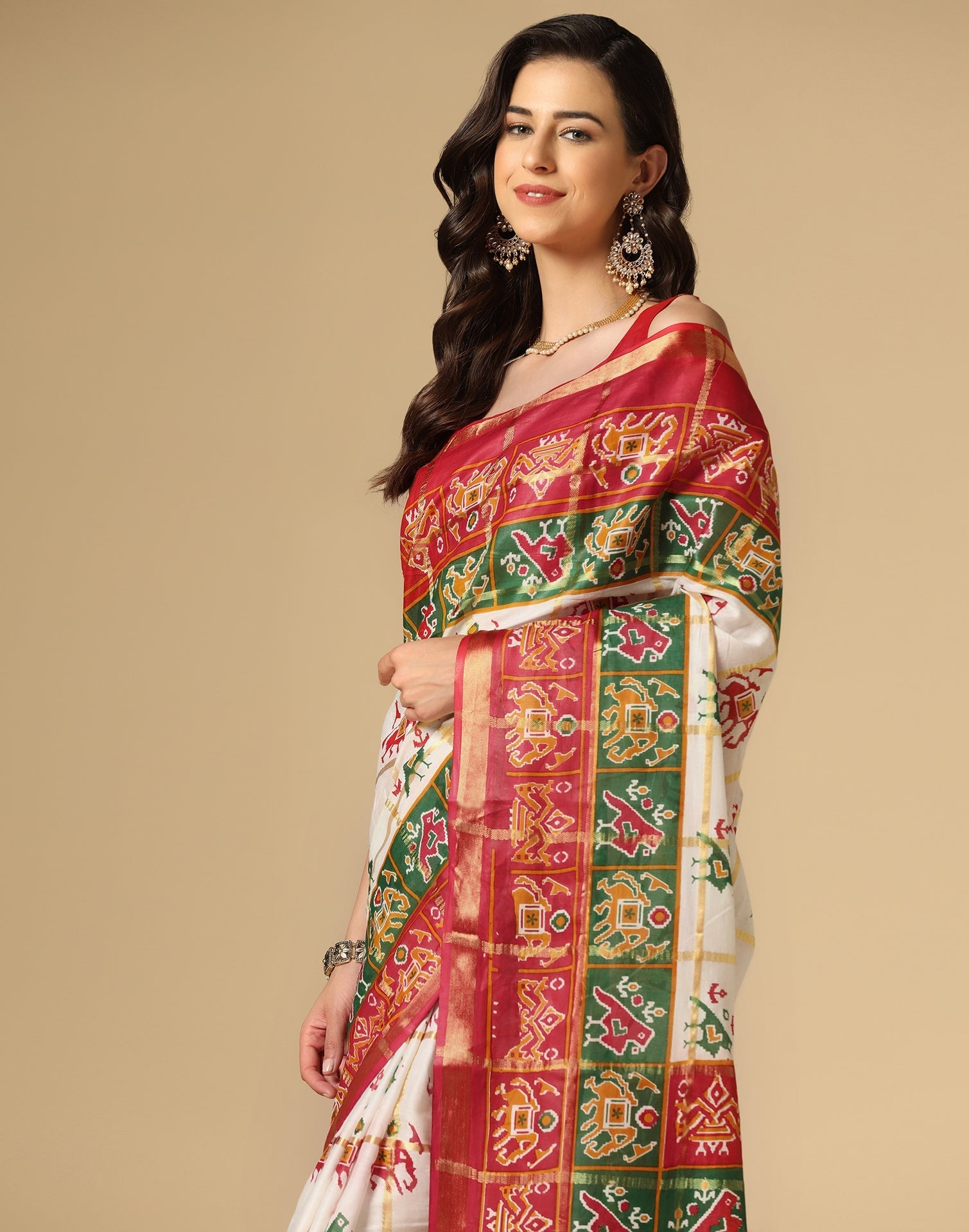 White & Multicoloured Patola Saree | Sudathi