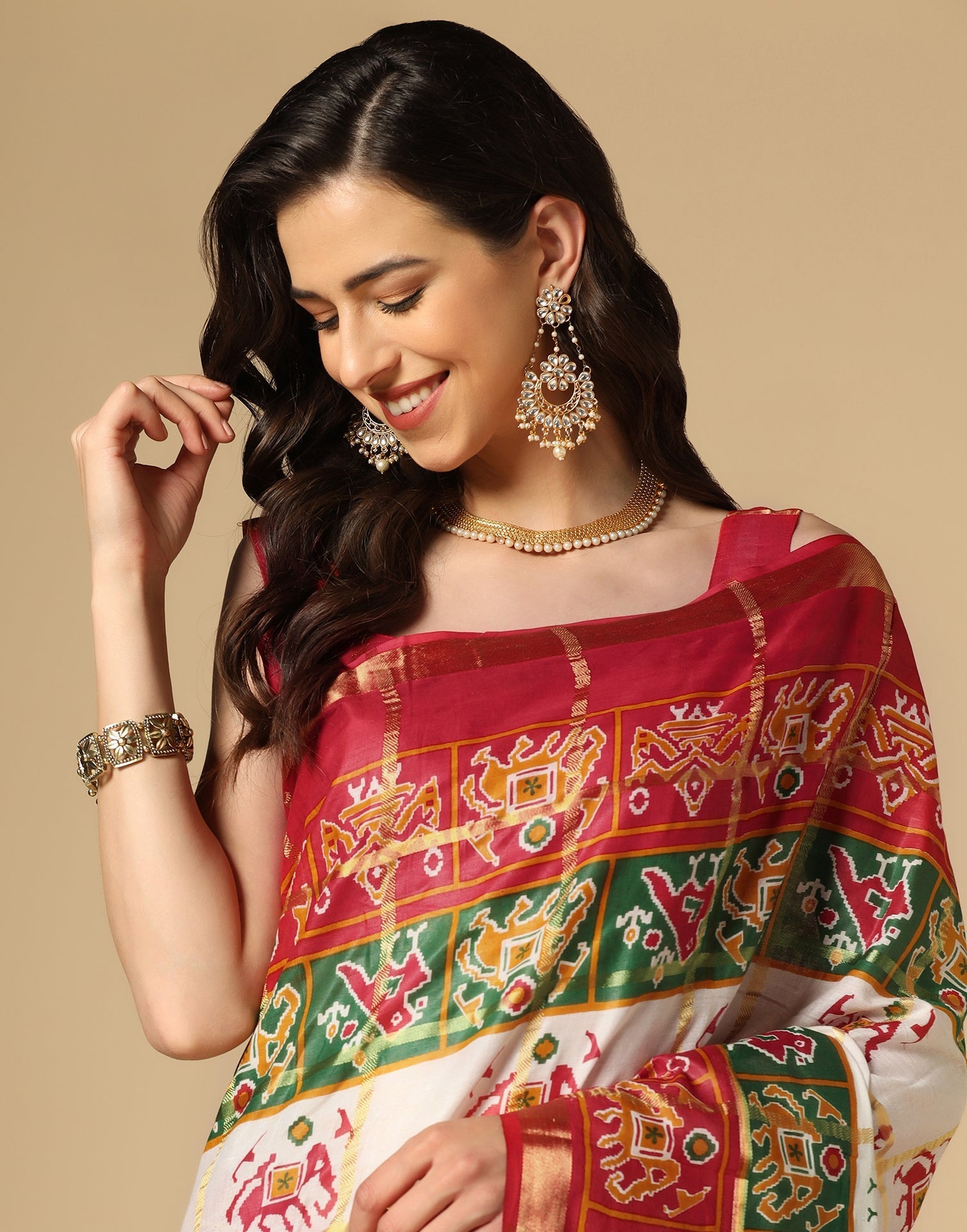 White & Multicoloured Patola Saree | Sudathi