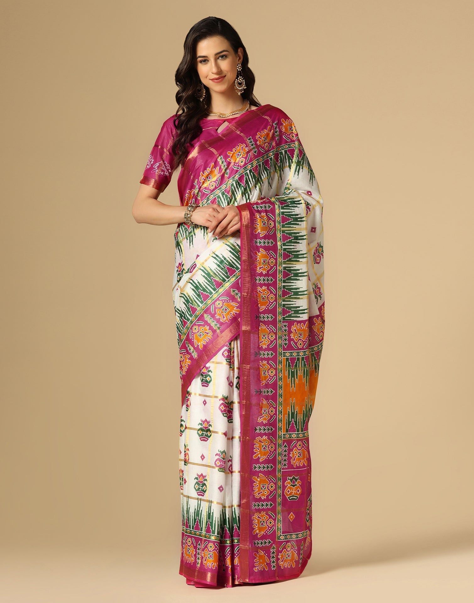 White & Multicoloured Patola Saree | Sudathi