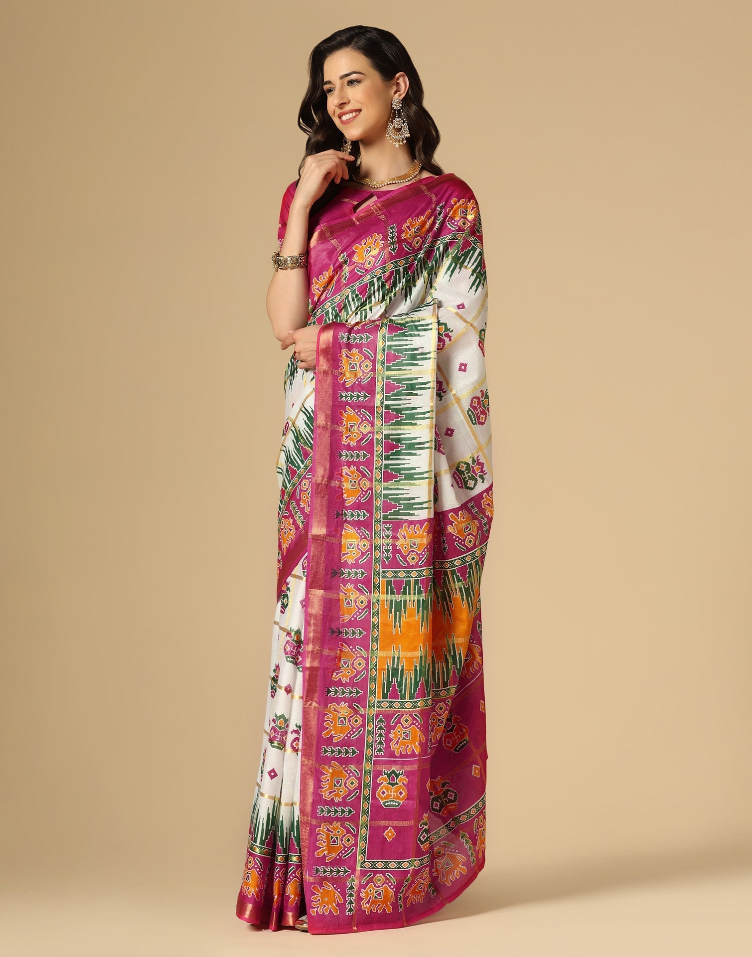 White & Multicoloured Patola Saree | Sudathi