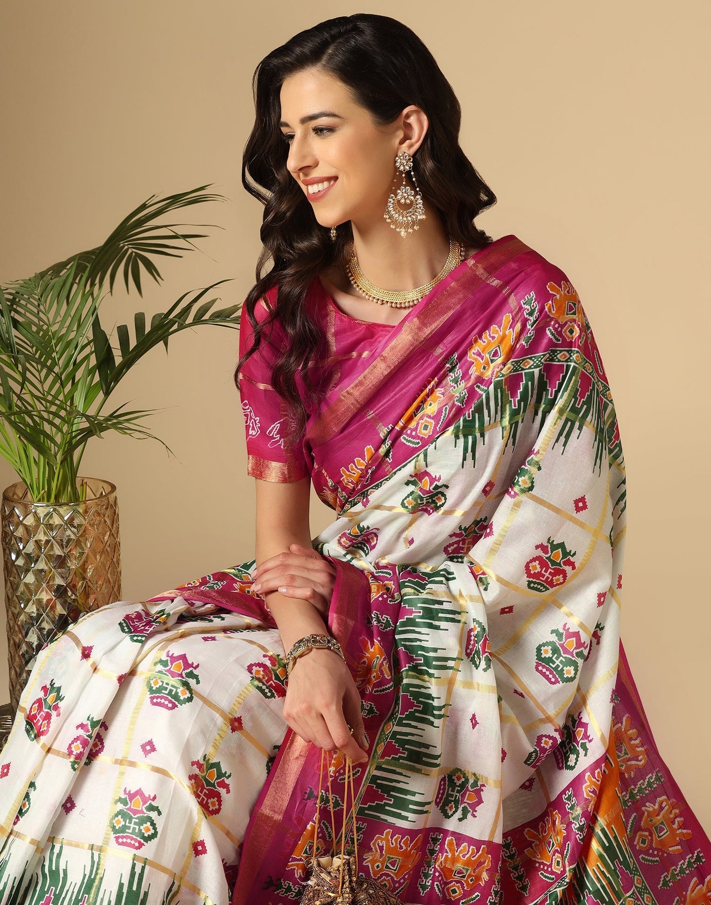 White & Multicoloured Patola Saree | Sudathi