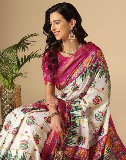 White & Multicoloured Patola Saree | Sudathi