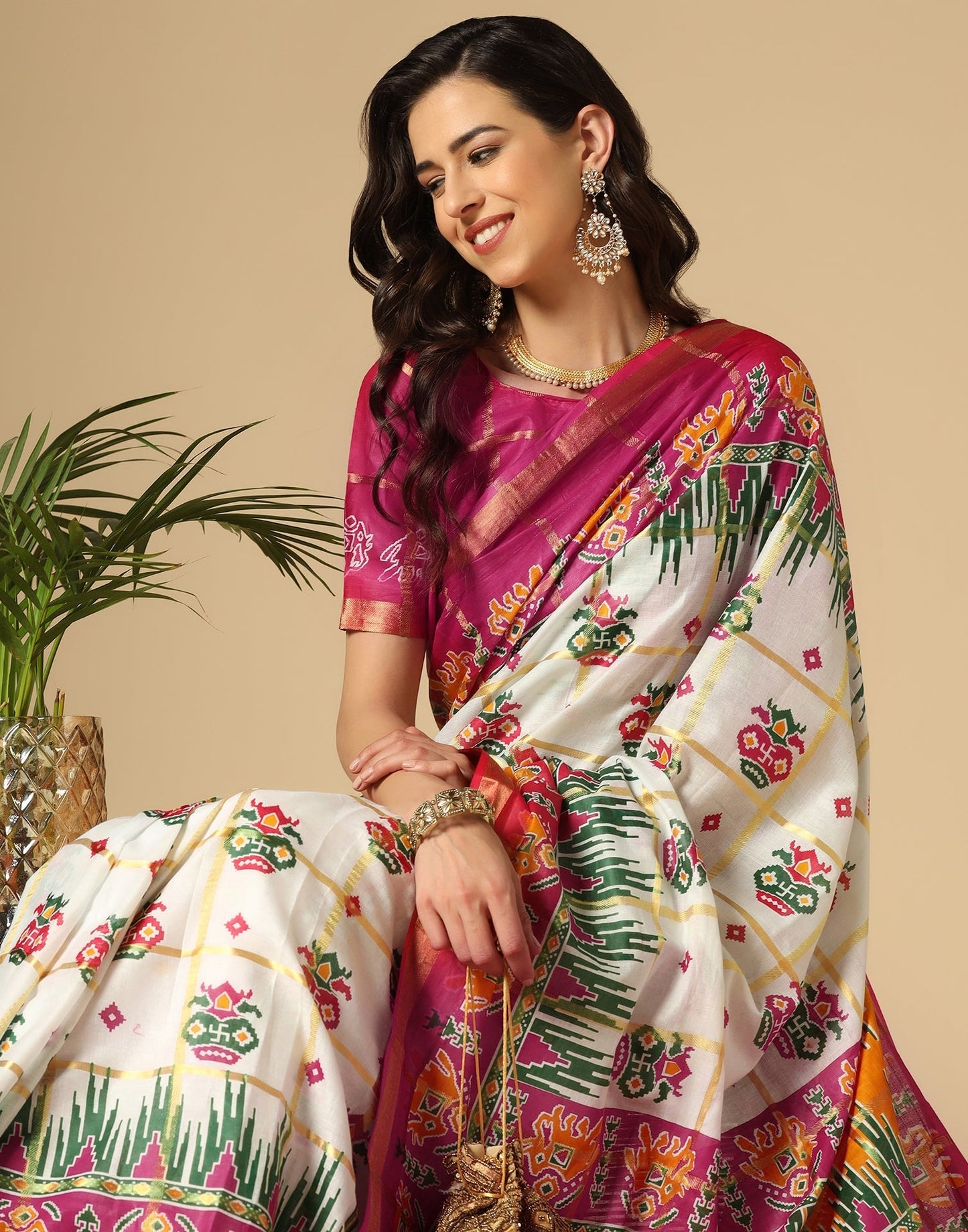 White & Multicoloured Patola Saree | Sudathi