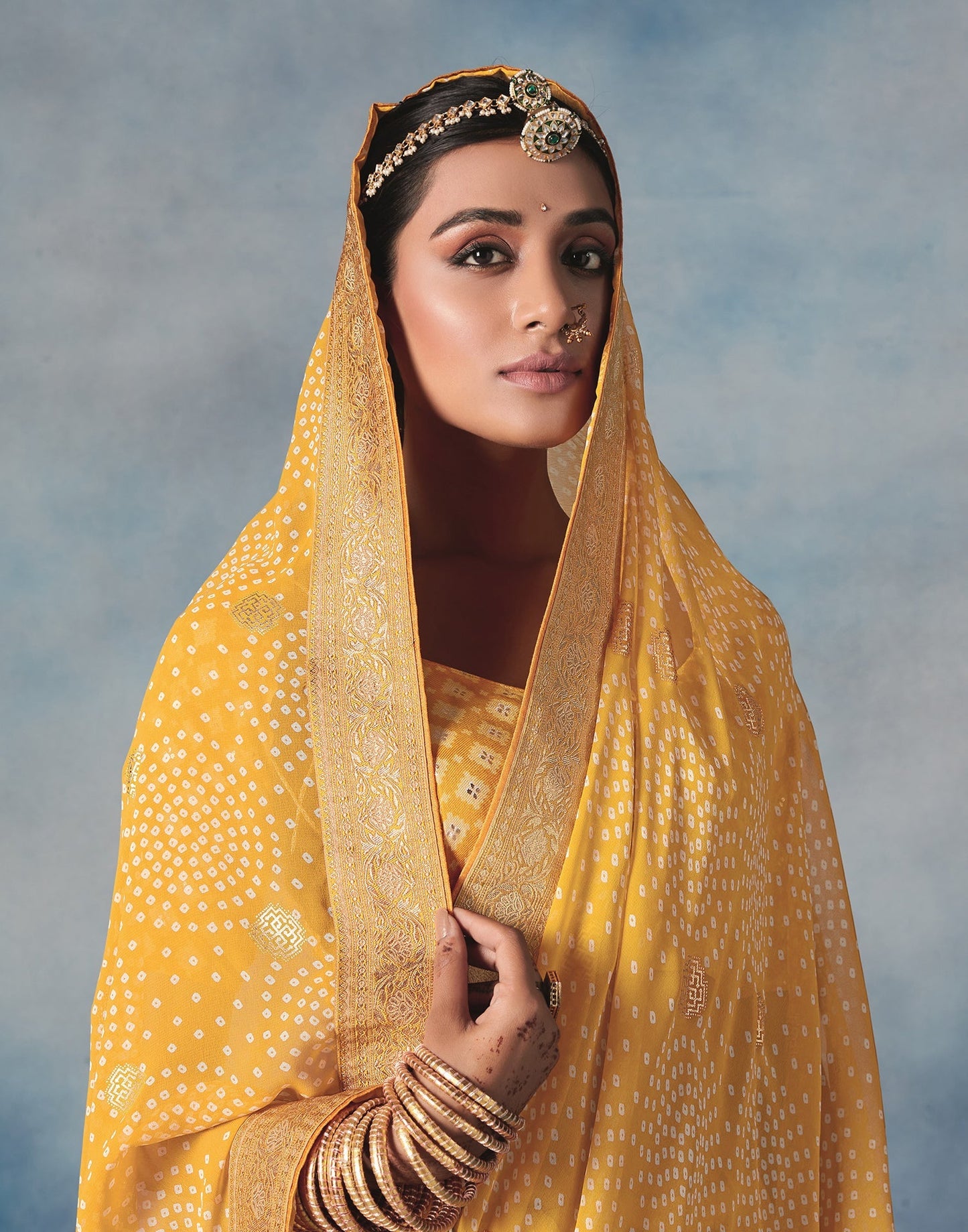 Mustard Yellow Georgette Bandhani Saree | Leemboodi