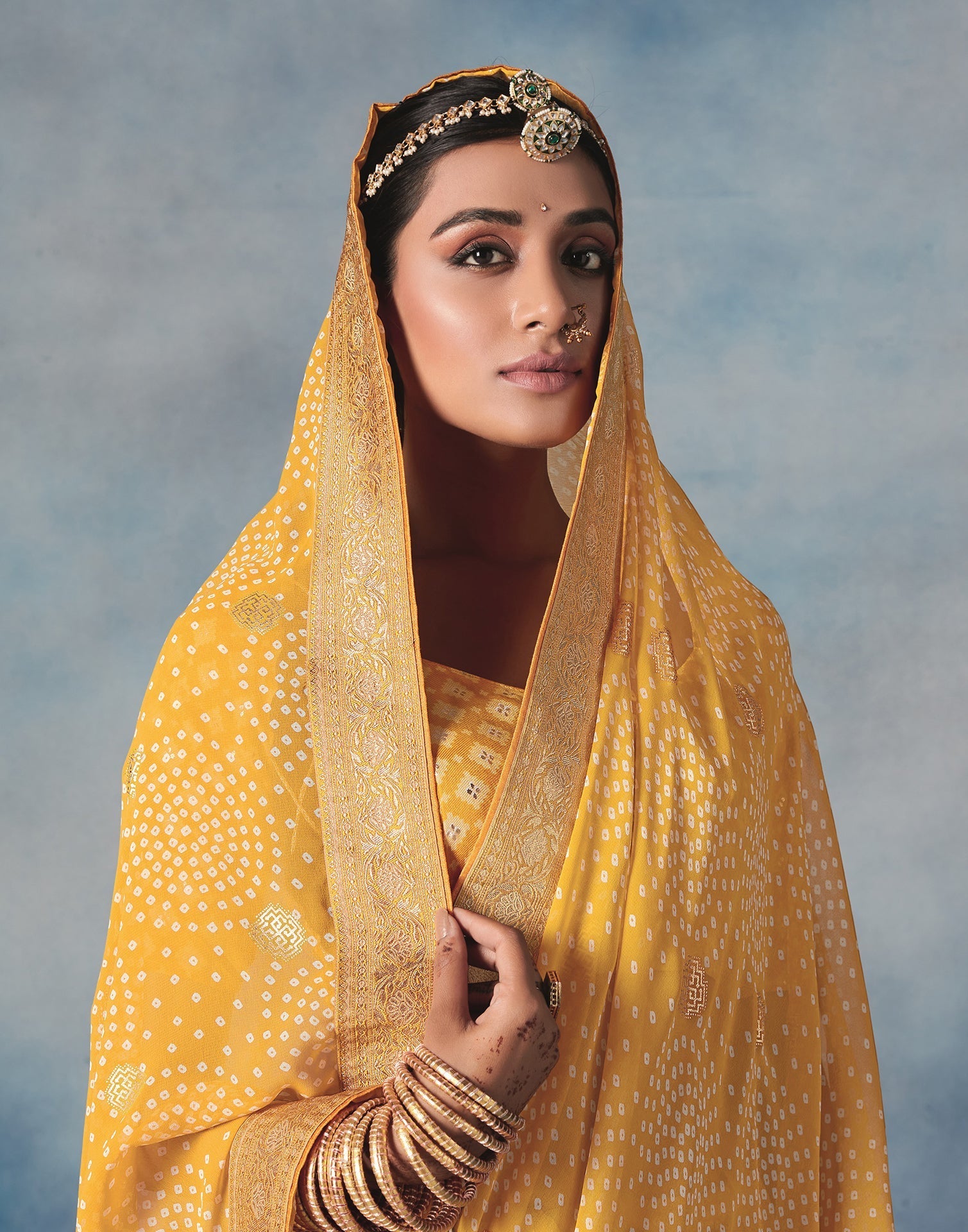 Mustard Yellow Georgette Bandhani Saree | Leemboodi
