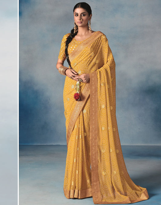 Mustard Yellow Georgette Bandhani Saree | Leemboodi