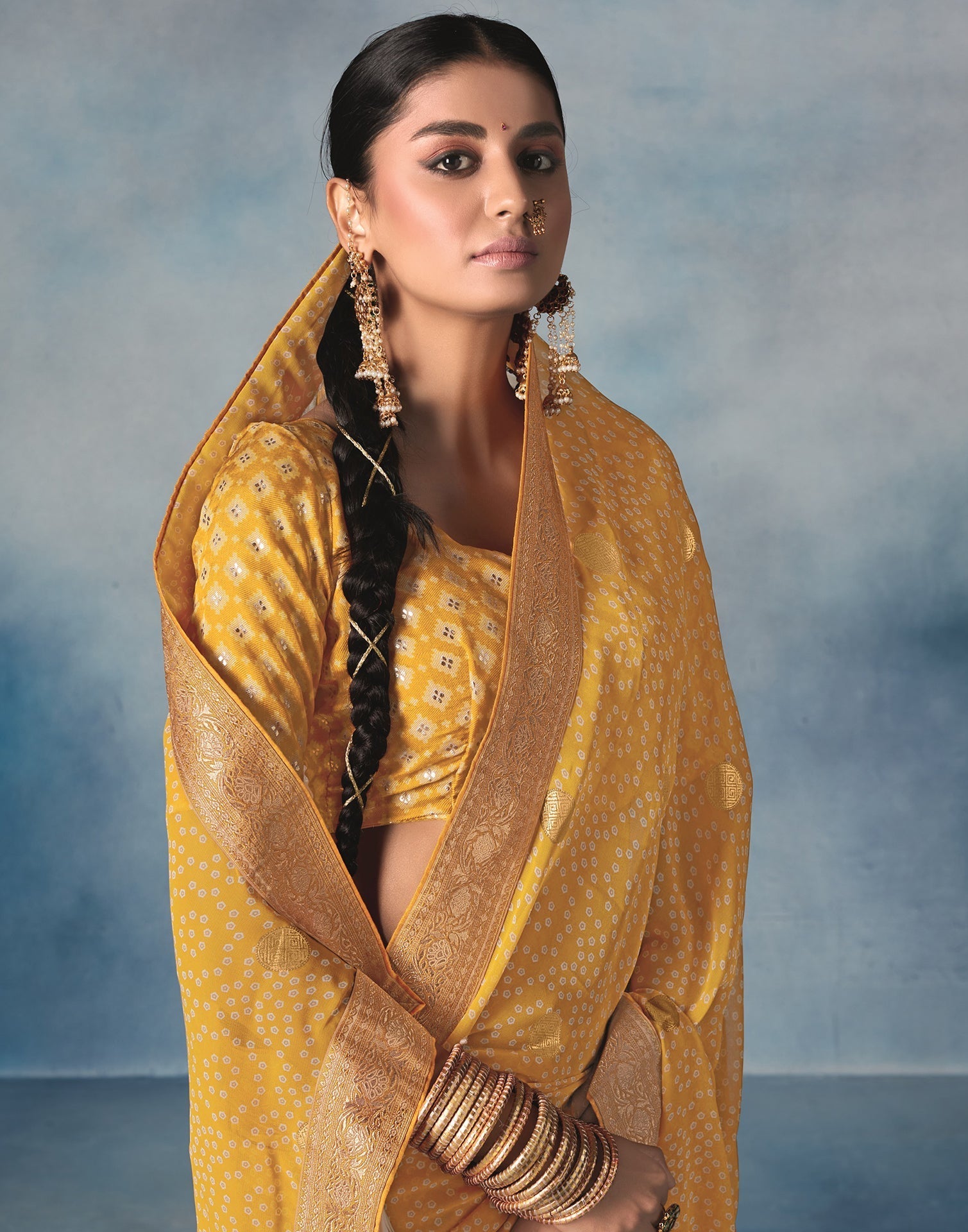 Mustard Yellow Georgette Bandhani Saree | Leemboodi
