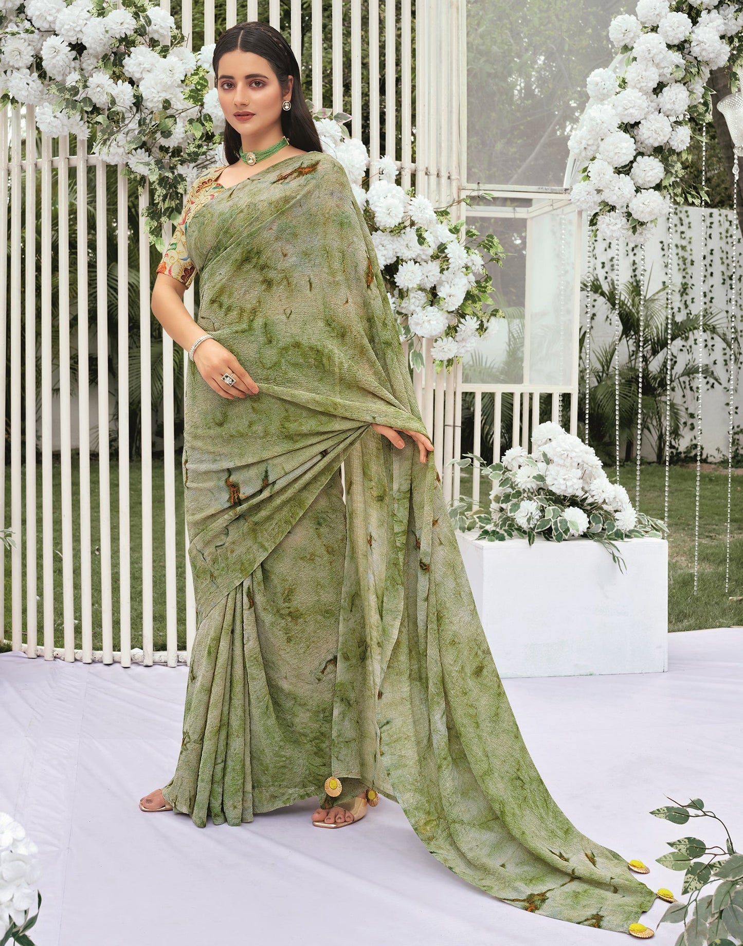 Light Green Printed Georgette Saree | Leemboodi